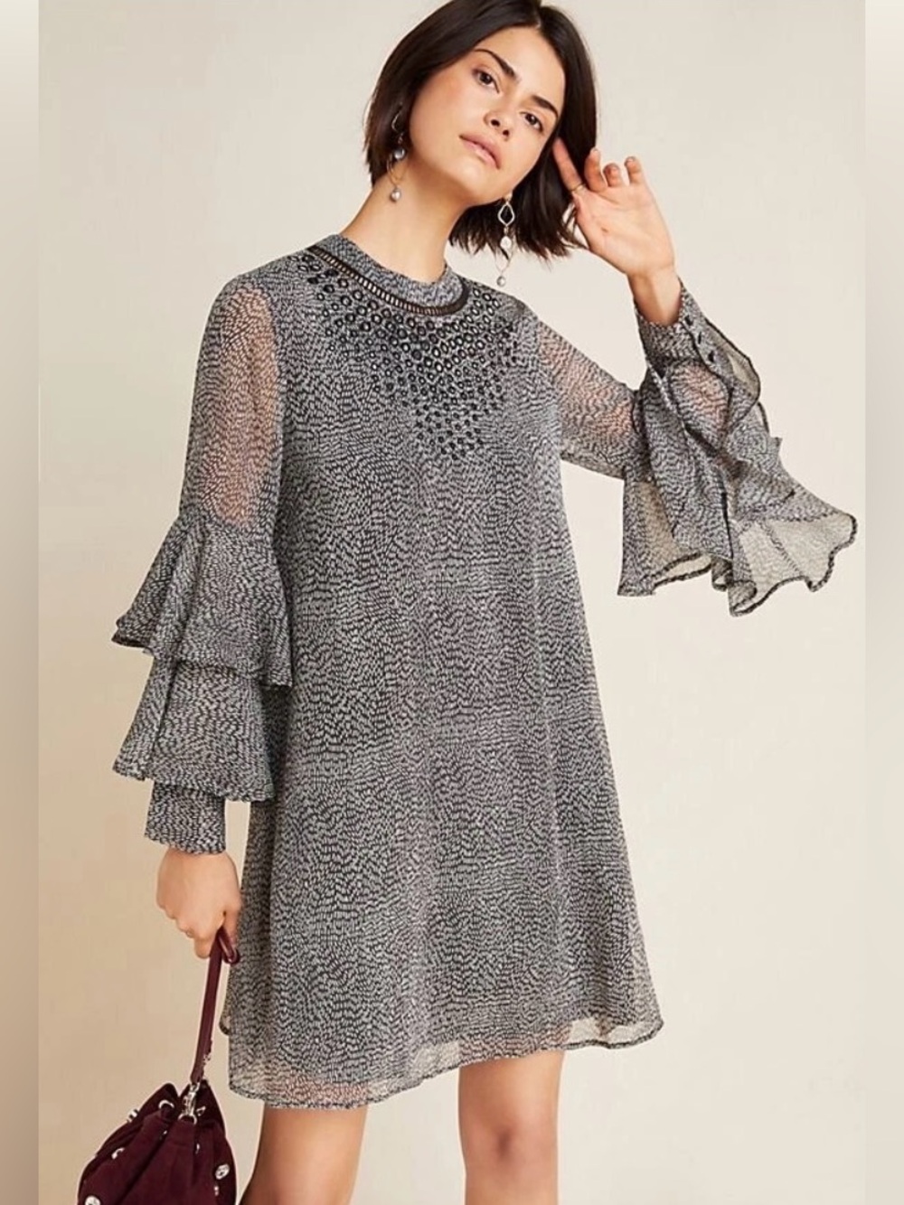 NWT Anthropologie Ranna Gill Black White Studded Tiered Bell Sleeve Dress XXS